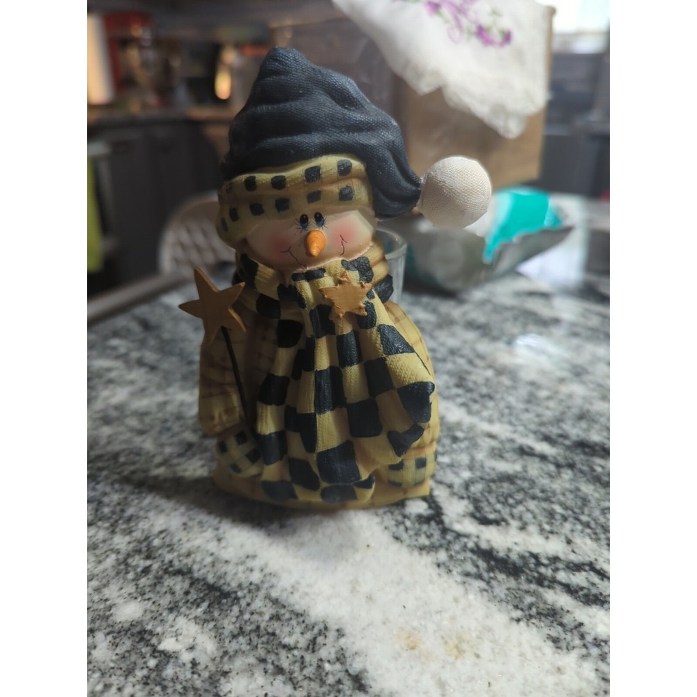Crazy Mountain Snowman Votive Candle Holder Plaid Scarf & Primitive Star RESIN